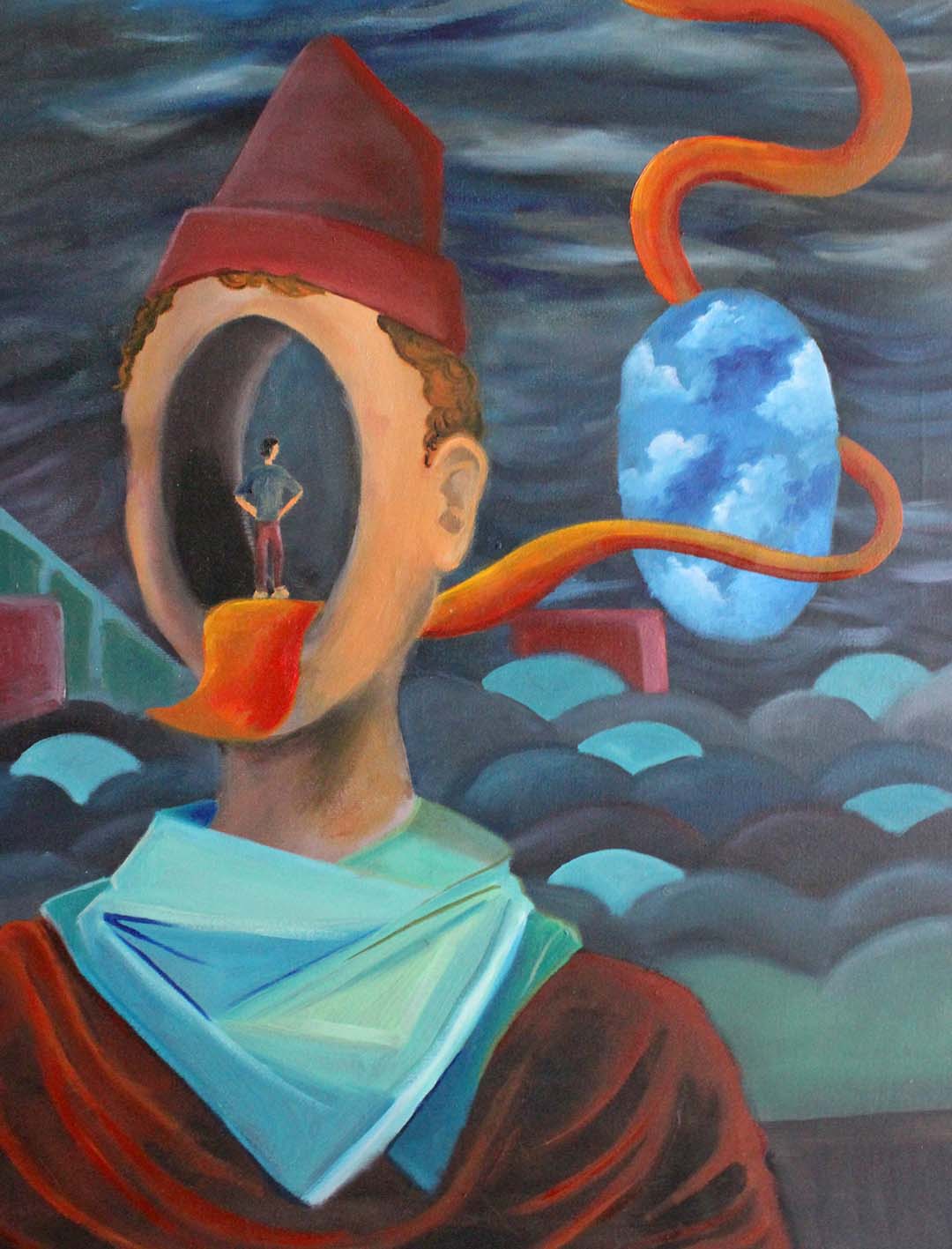 Dreaming, opera ad olio che mostra un volto bucato con una persona che guarda verso uno specchio di cielo