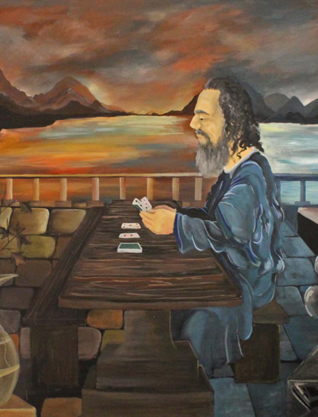 Solitario, acrilico su tela rappresenta un uomo che gioca a carte su un terrazzo con l'ambientazione fantasiosa